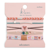 Set of five hair tie bracelets with woodland animal theme, beads, and braided bands on display card