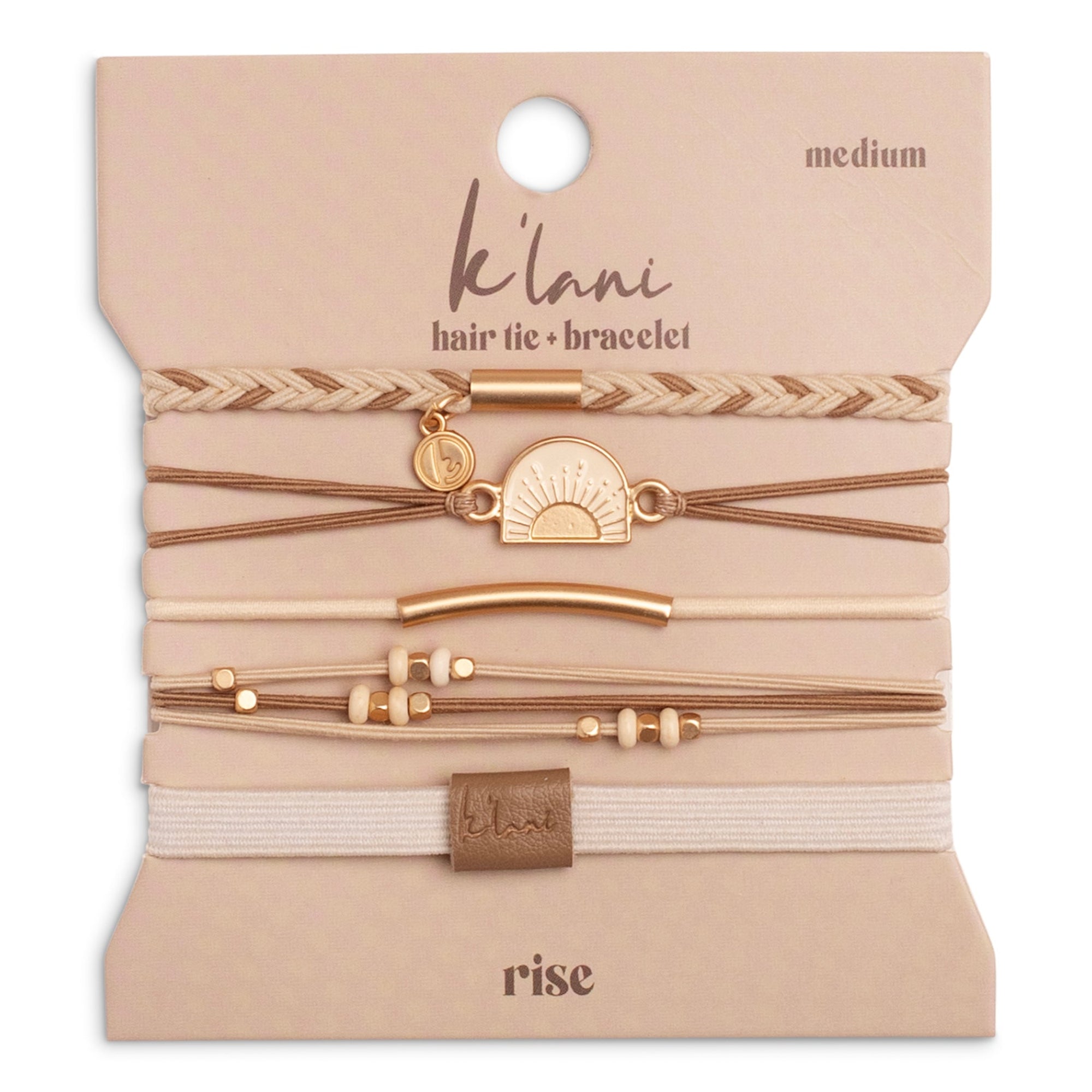 Set of five hair tie bracelets in beige and gold tones with sun charm, beads, and braided styles