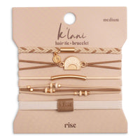 Set of five hair tie bracelets in beige and gold tones with sun charm, beads, and braided styles