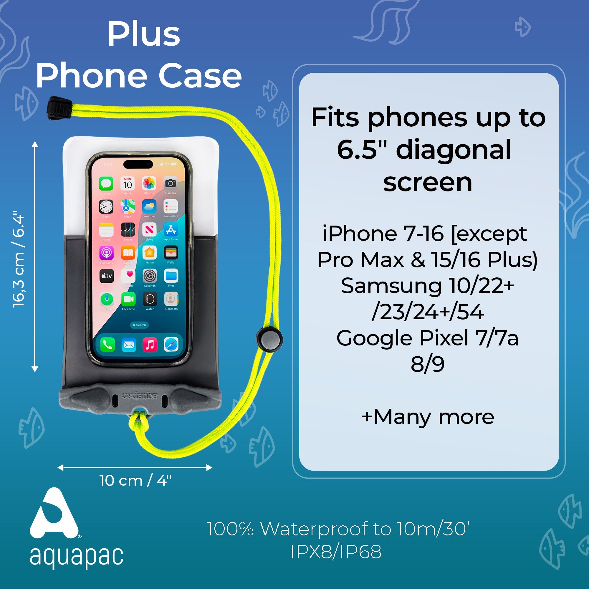 Waterproof phone case with clear window showing phone screen and yellow neck strap