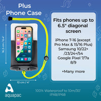 Waterproof phone case with clear window showing phone screen and yellow neck strap