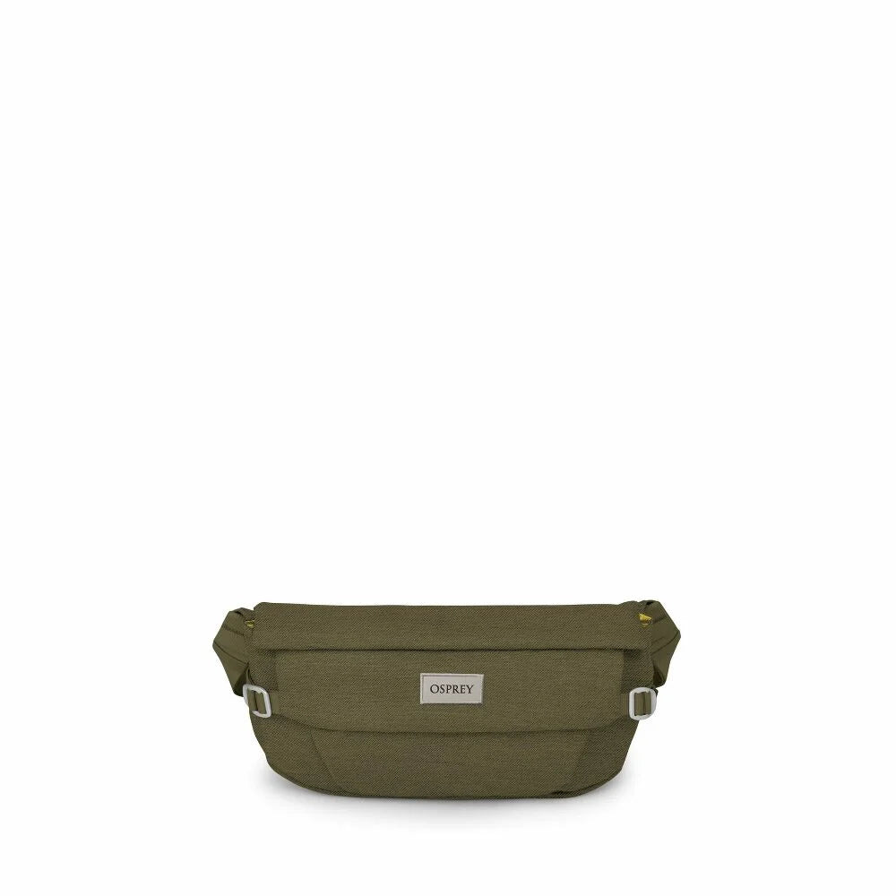 Olive green hip pack with zippered main compartment, front pocket, and adjustable strap, front view