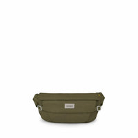 Olive green hip pack with zippered main compartment, front pocket, and adjustable strap, front view