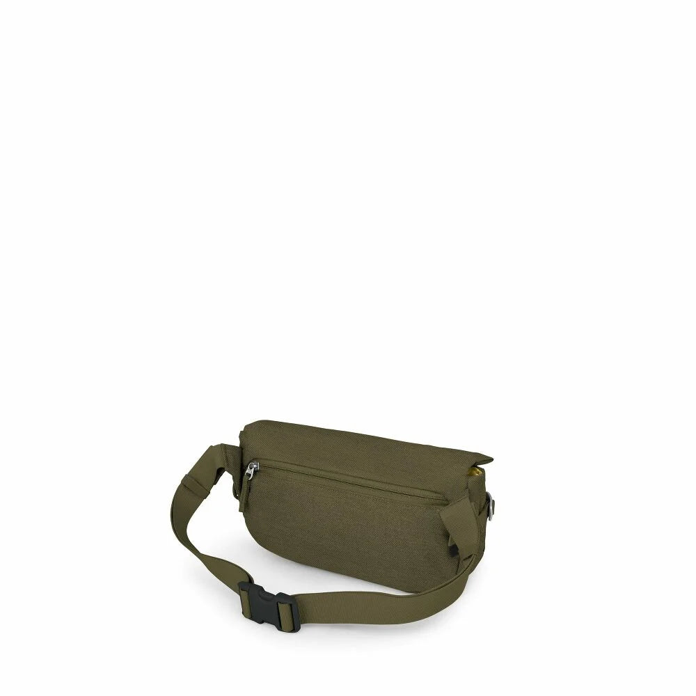 Olive green hip bag with rear zipper pocket and adjustable buckle strap, back view