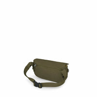 Olive green hip bag with rear zipper pocket and adjustable buckle strap, back view