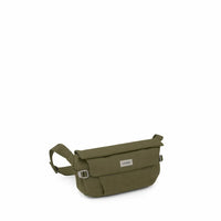Small olive green hip bag with flap closure, adjustable strap, and buckle, side view