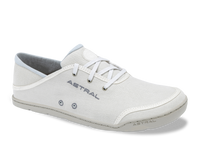 Light gray canvas sneaker with white laces and blue trim, side angle view