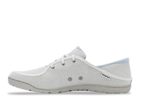 Light gray canvas casual shoe with white laces and rubber sole, side profile view