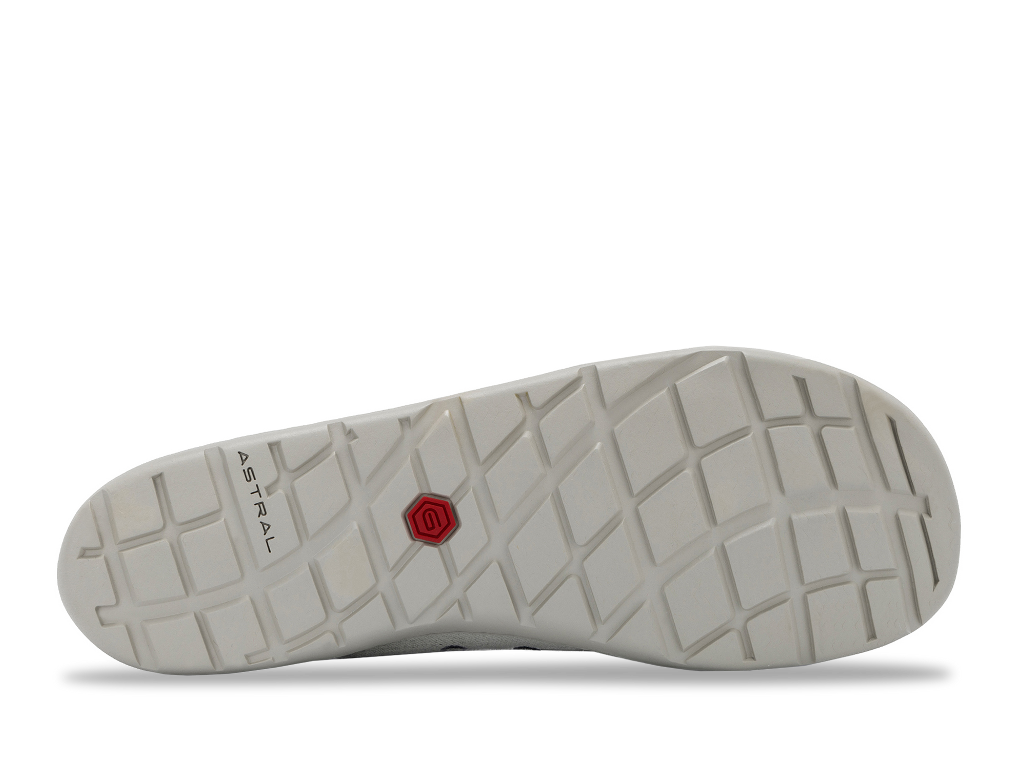 Light gray athletic shoe sole with geometric tread pattern, bottom view