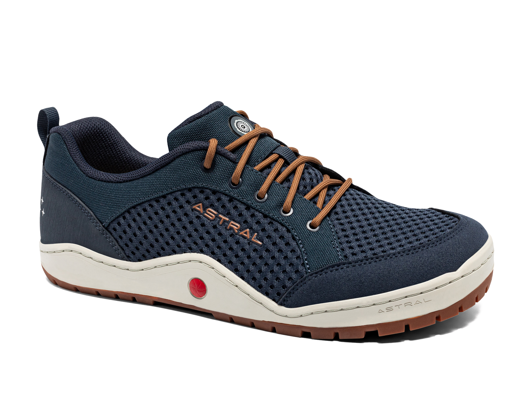 Navy blue athletic shoe with mesh upper, orange laces, and brown rubber sole