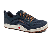 Navy blue athletic shoe with mesh upper, orange laces, and brown rubber sole