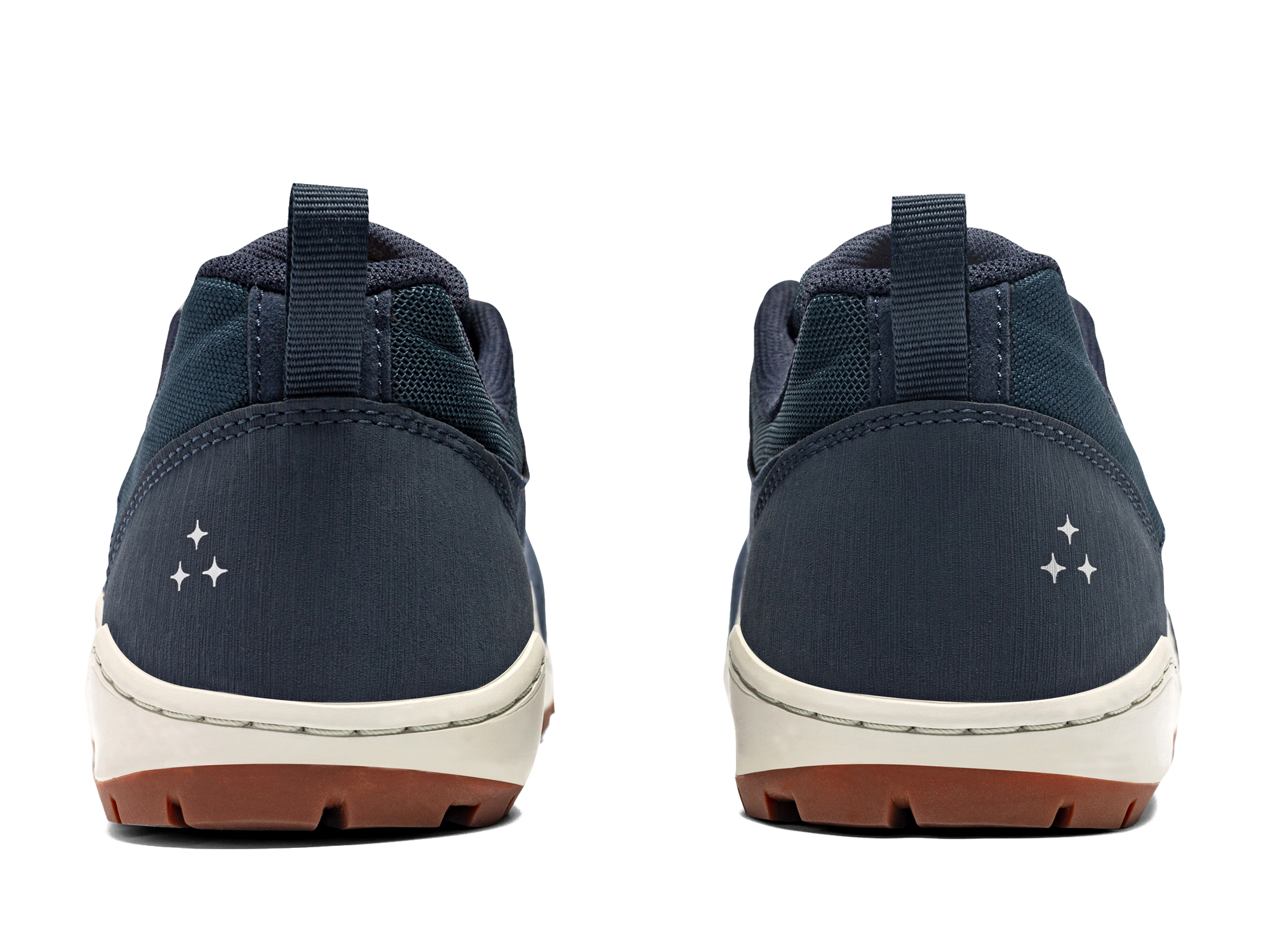 Navy blue water shoes with mesh panels and brown rubber sole, rear heel view