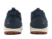 Navy blue water shoes with mesh panels and brown rubber sole, rear heel view