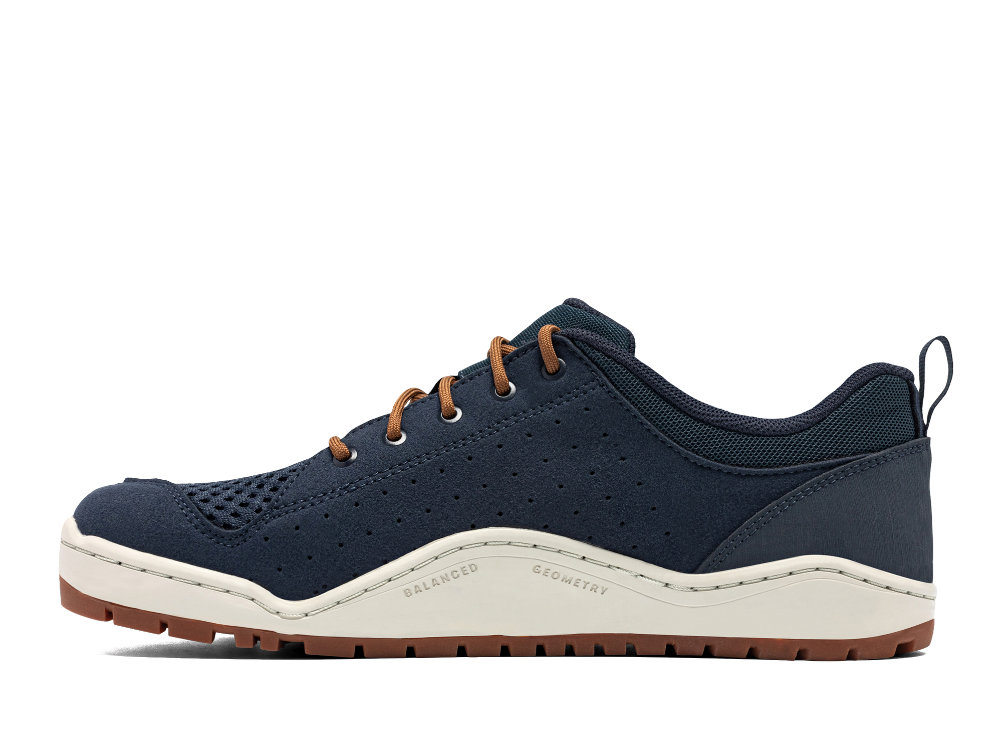 Navy blue athletic shoe with perforated upper, brown laces, and textured gum rubber outsole, side view