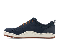 Navy blue athletic shoe with perforated upper, brown laces, and textured gum rubber outsole, side view