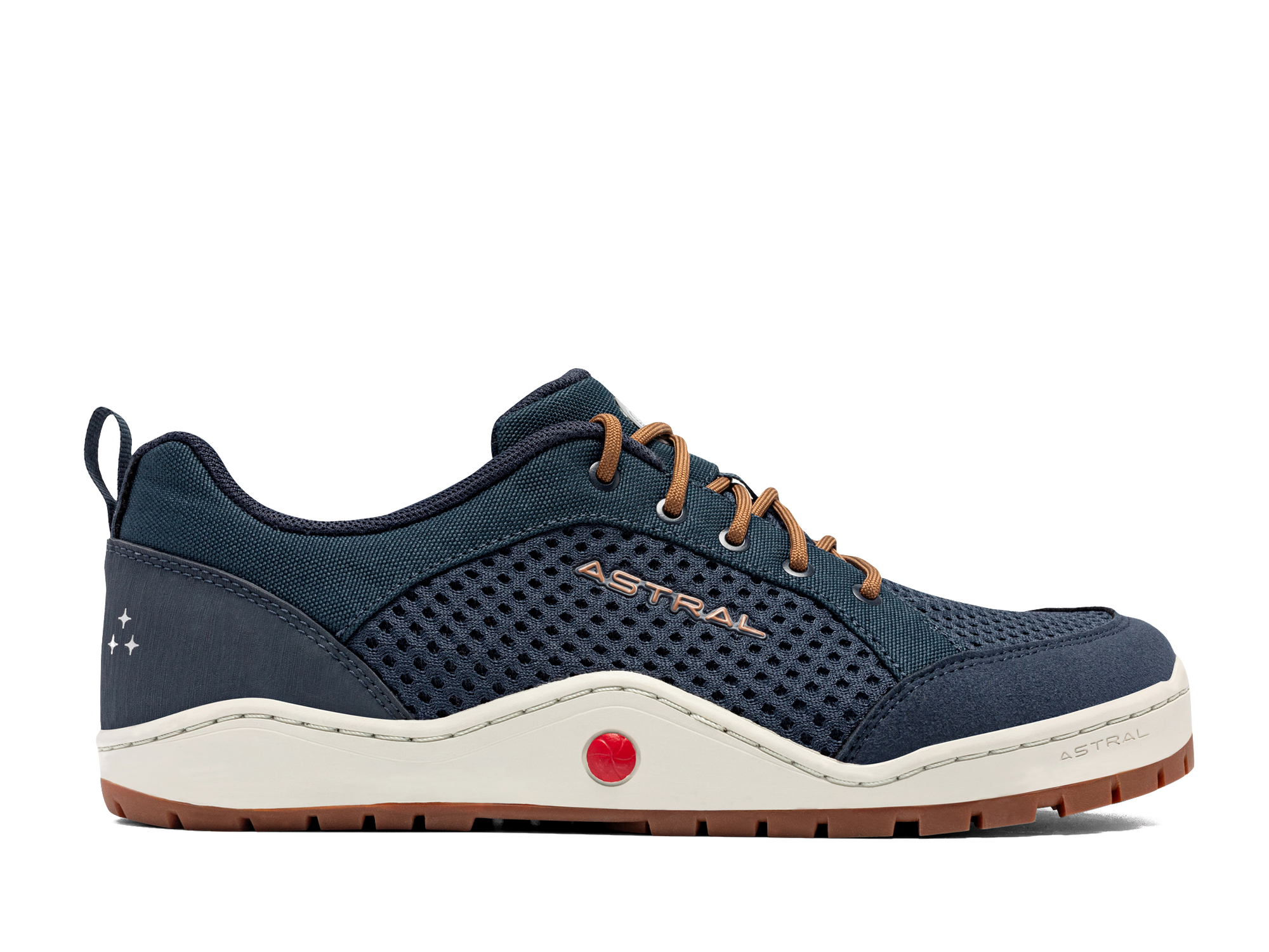 Navy blue athletic shoe with mesh upper, brown laces, and gum rubber sole