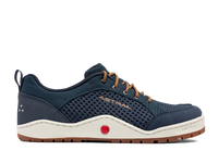Navy blue athletic shoe with mesh upper, brown laces, and gum rubber sole
