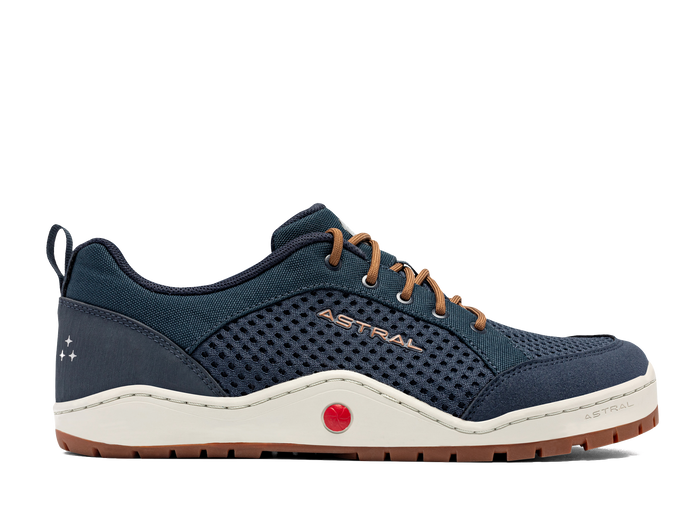 Navy blue athletic shoe with mesh upper, brown laces, and gum rubber sole
