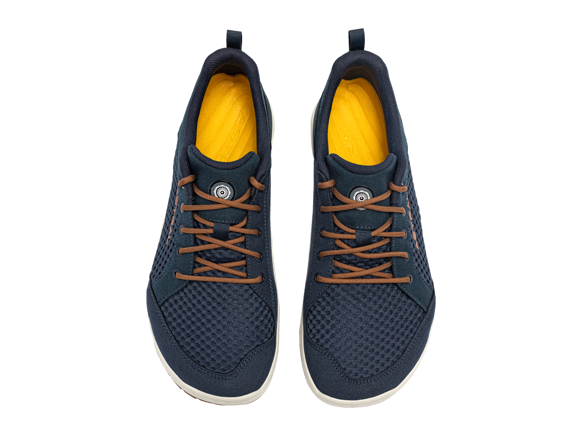 Navy athletic shoes with brown laces and mesh ventilation, top view pair