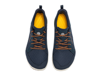 Navy athletic shoes with brown laces and mesh ventilation, top view pair