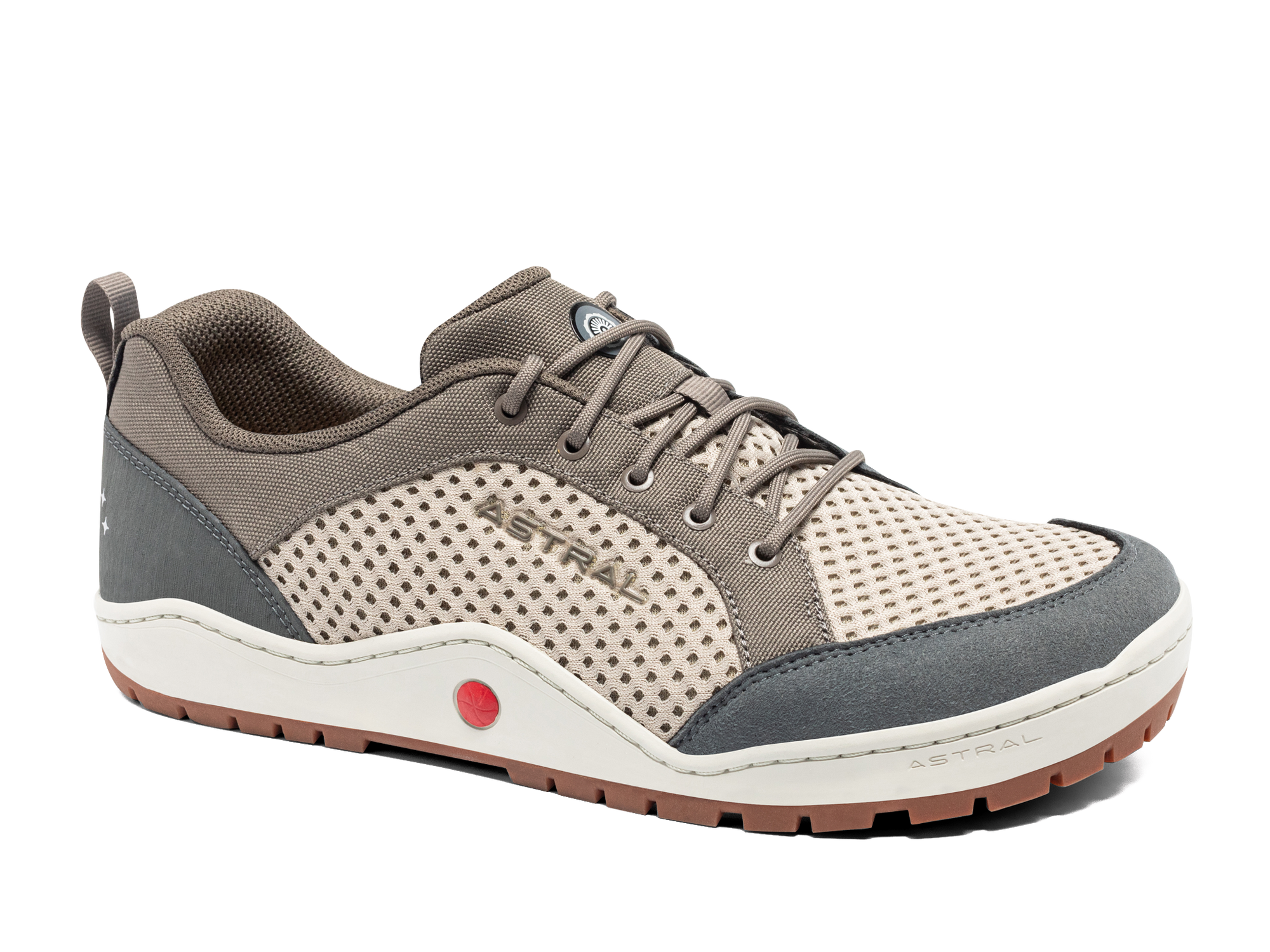 Beige and gray water shoe with mesh panels and lace-up closure, side angle view