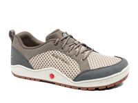 Beige and gray water shoe with mesh panels and lace-up closure, side angle view