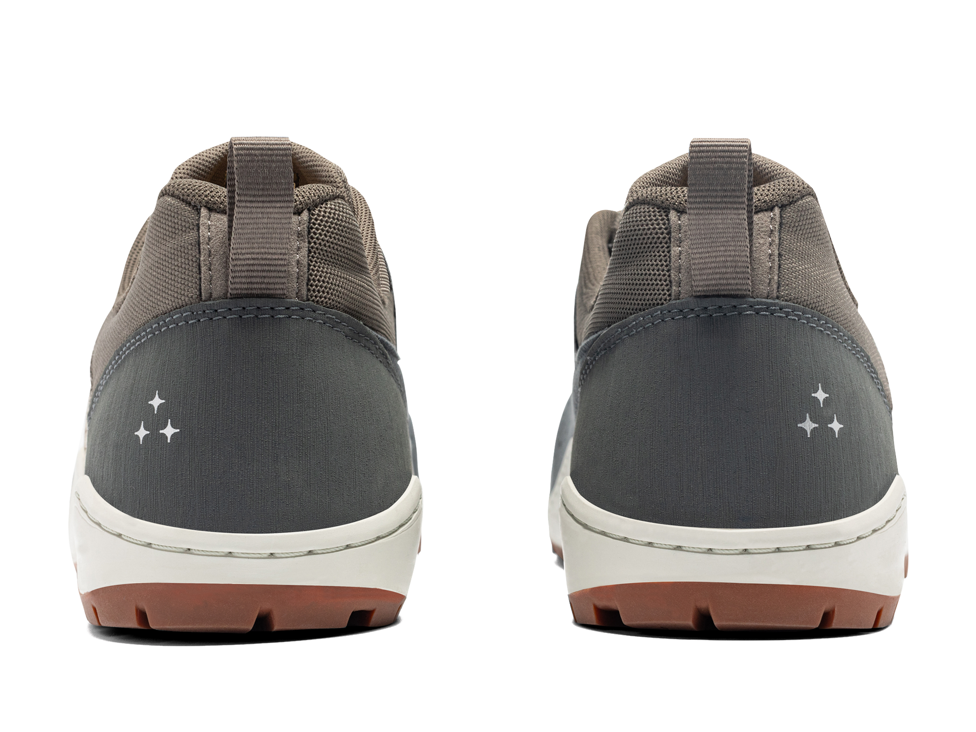 Water shoes with brown mesh upper and dark grey heel, rear view showing traction outsole