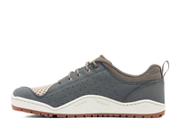 Gray outdoor sneaker with perforated upper, cream mesh toe, and brown rubber sole, side view