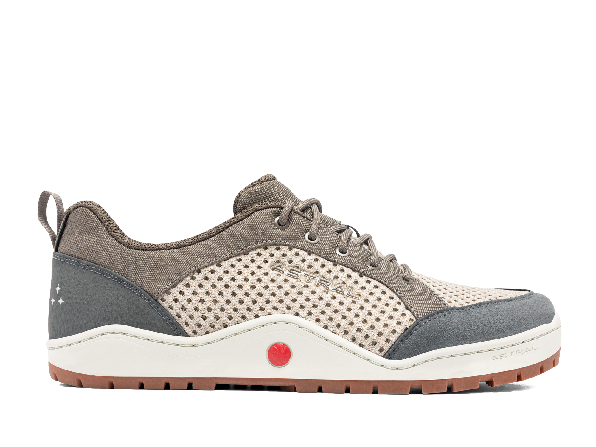 Beige and gray athletic water shoe with mesh upper and lace-up closure, side view