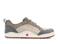 Beige and gray athletic water shoe with mesh upper and lace-up closure, side view