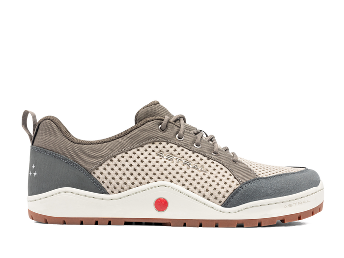 Beige and gray athletic water shoe with mesh upper and lace-up closure, side view