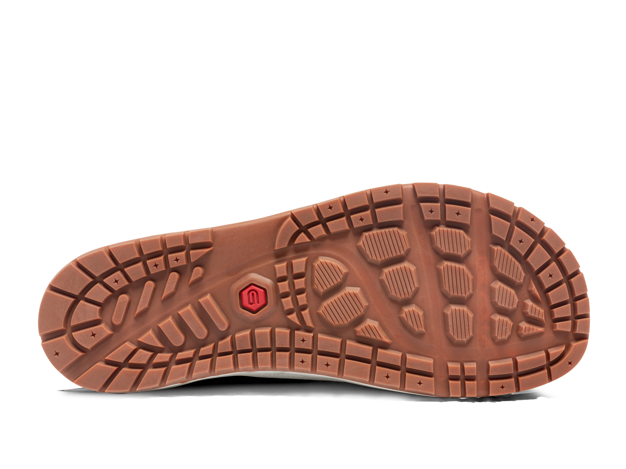 Bottom sole view of outdoor shoe showing brown rubber tread pattern with geometric grip design