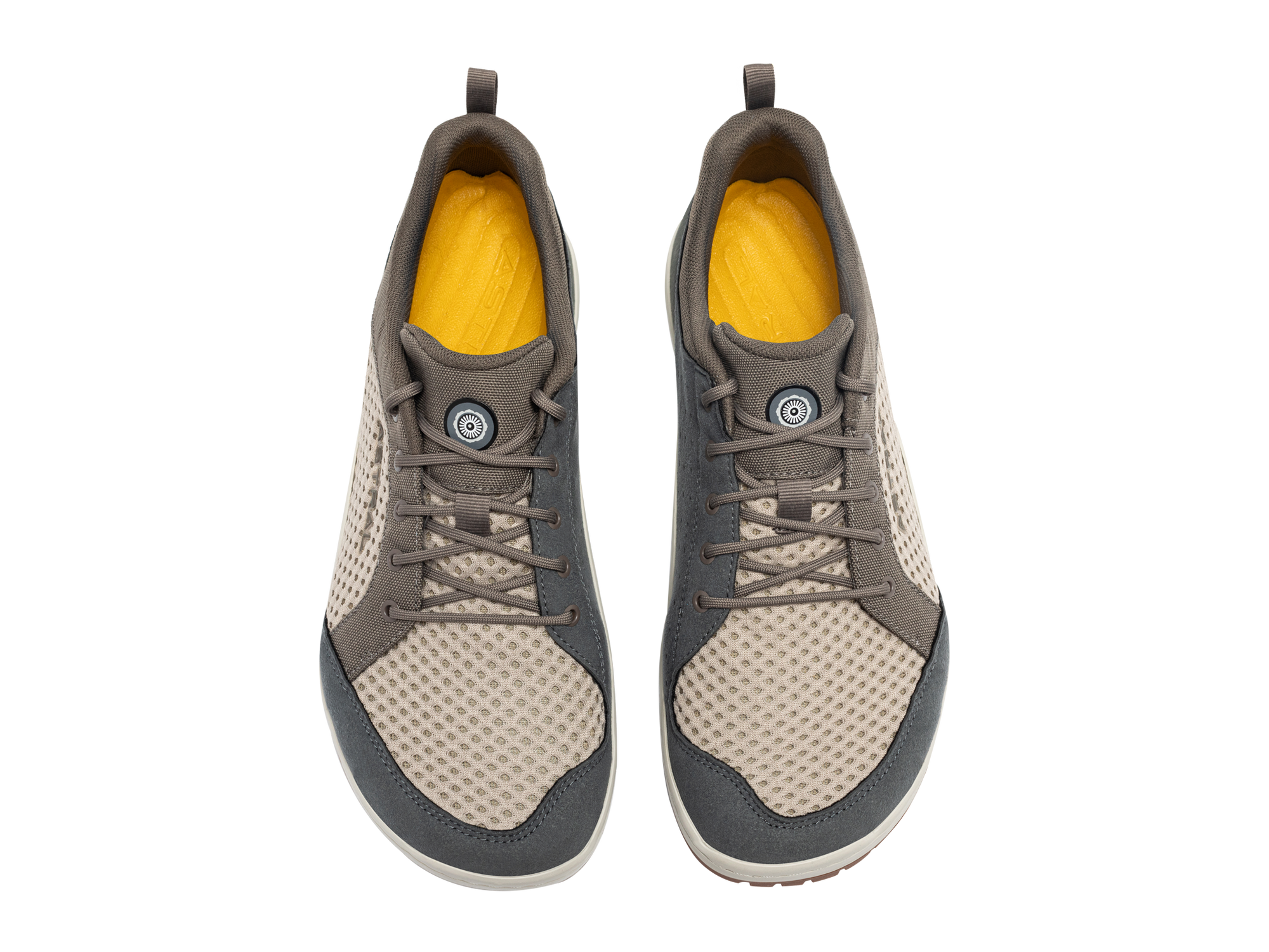 Pair of athletic water shoes with mesh upper and lace-up closure, top view