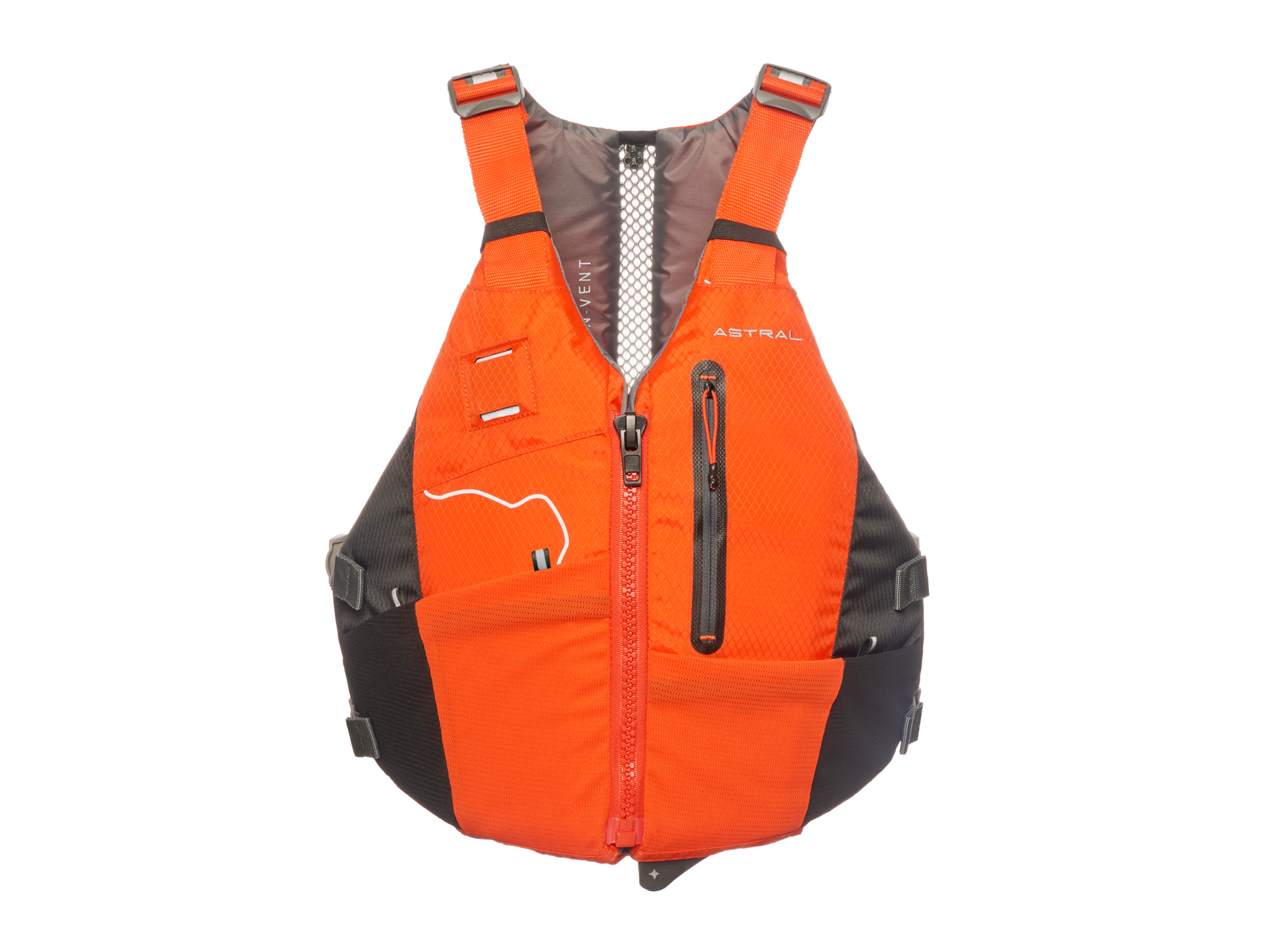 Orange personal flotation device with adjustable straps and front zipper, front view
