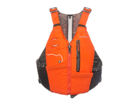 Orange personal flotation device with adjustable straps and front zipper, front view
