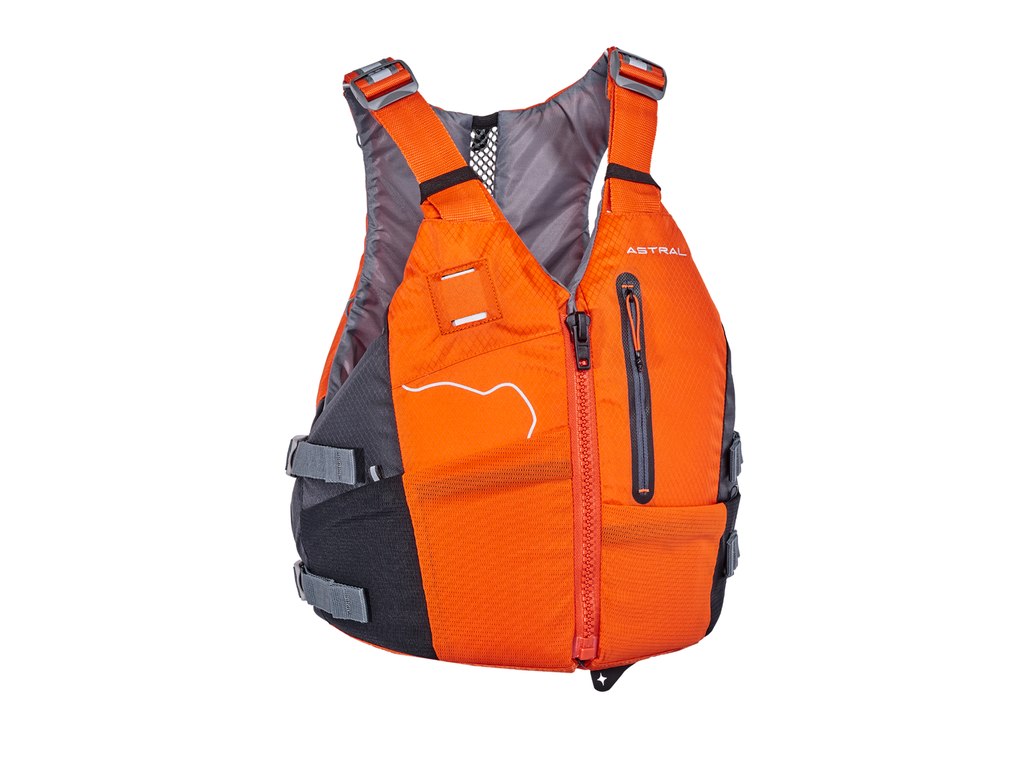 Orange personal flotation device with gray trim, front zipper and adjustable straps