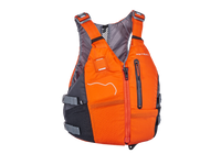 Orange personal flotation device with gray trim, front zipper and adjustable straps