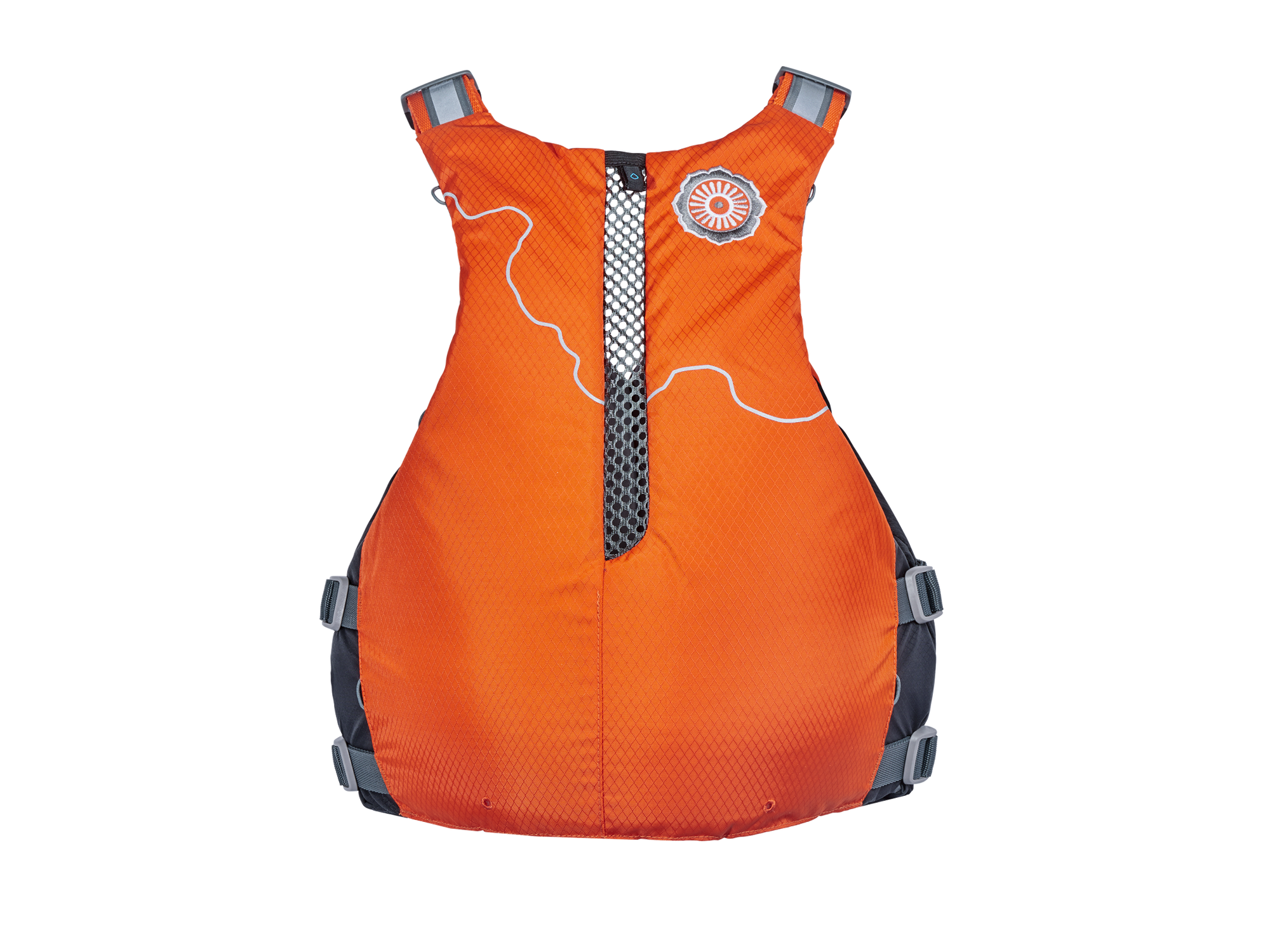 Orange personal flotation device with mesh ventilation panel and adjustable straps, back view