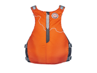 Orange personal flotation device with mesh ventilation panel and adjustable straps, back view