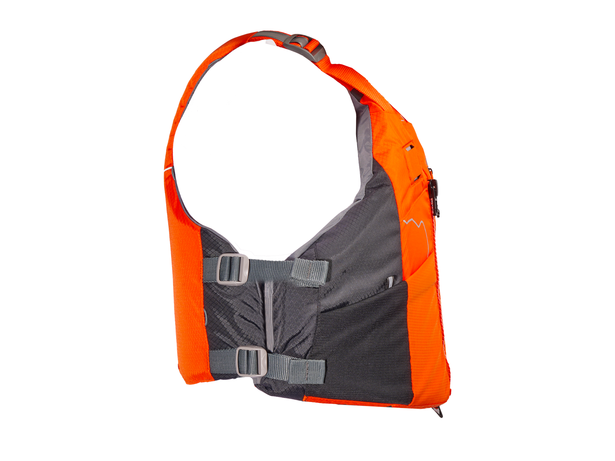 Bright orange and gray personal flotation device with adjustable straps, side view