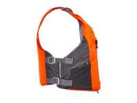 Bright orange and gray personal flotation device with adjustable straps, side view