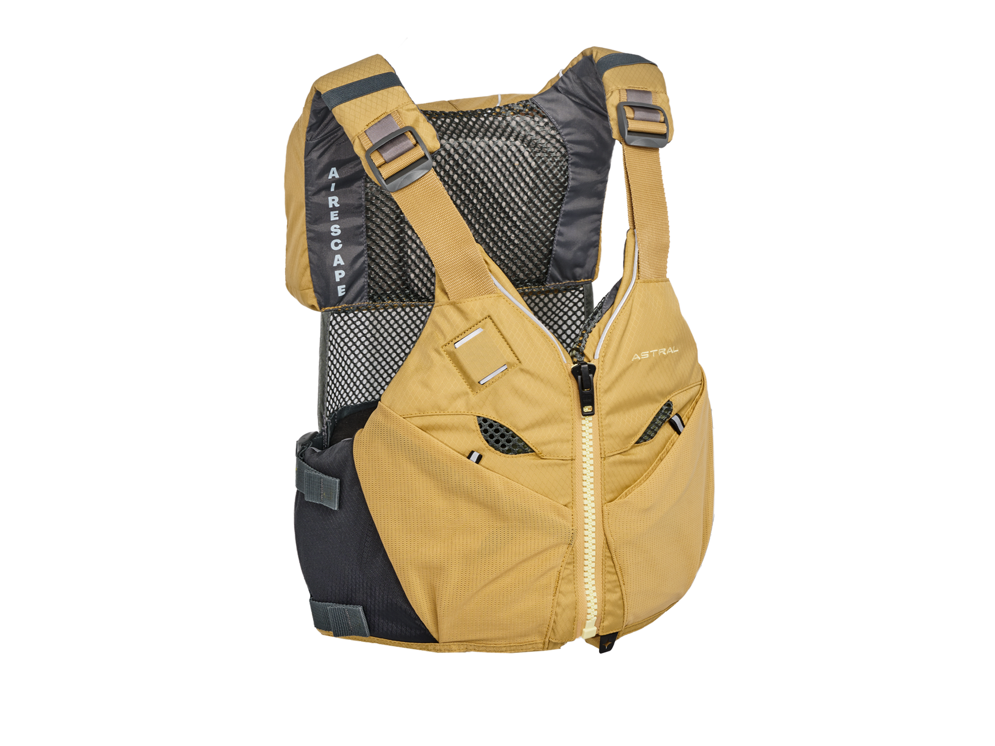 Tan colored life vest with mesh back panel, adjustable straps, and front zipper