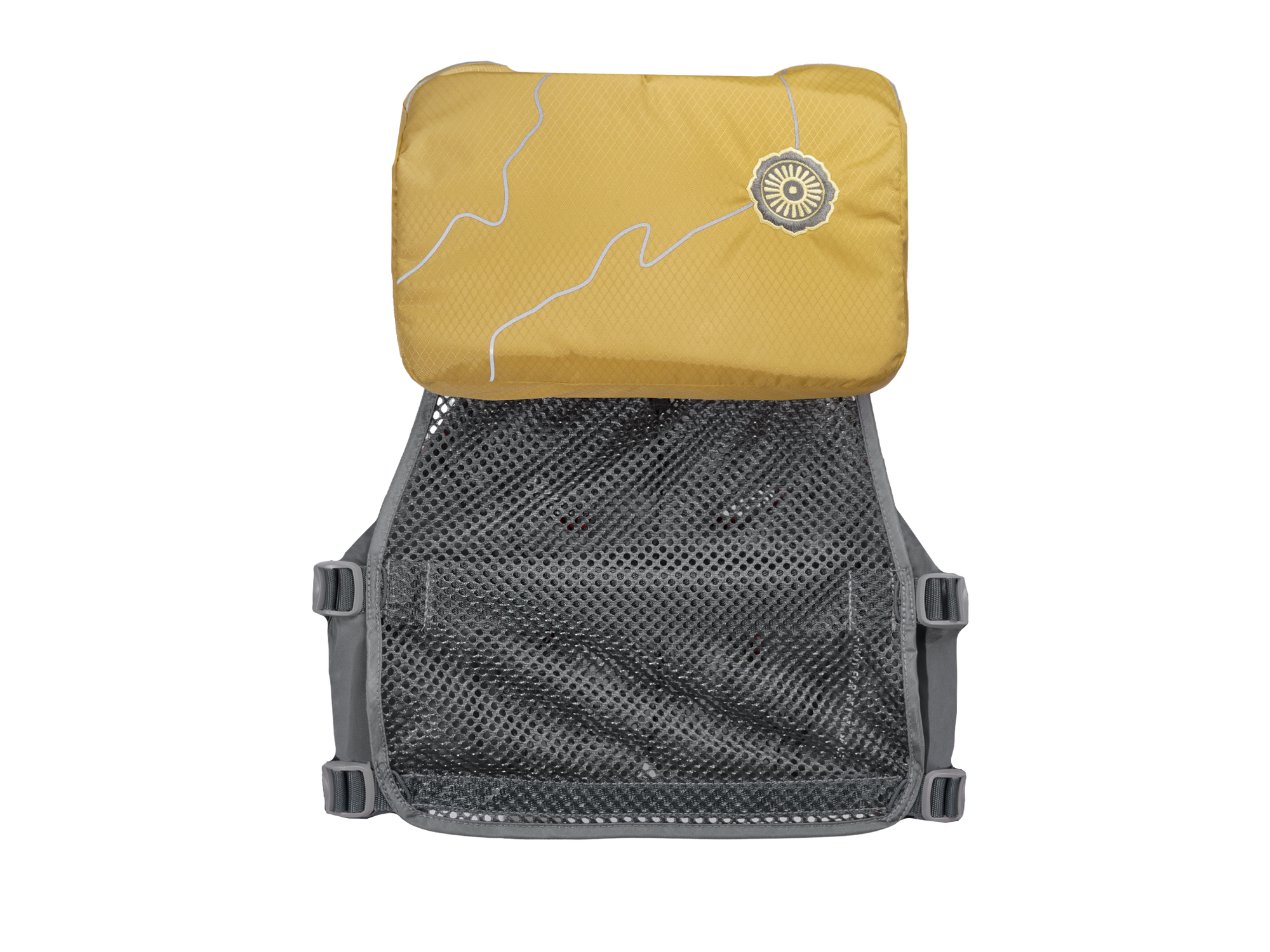 Personal flotation device with yellow foam panels and gray mesh back, rear view