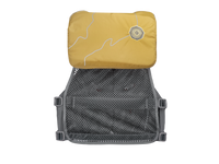Personal flotation device with yellow foam panels and gray mesh back, rear view