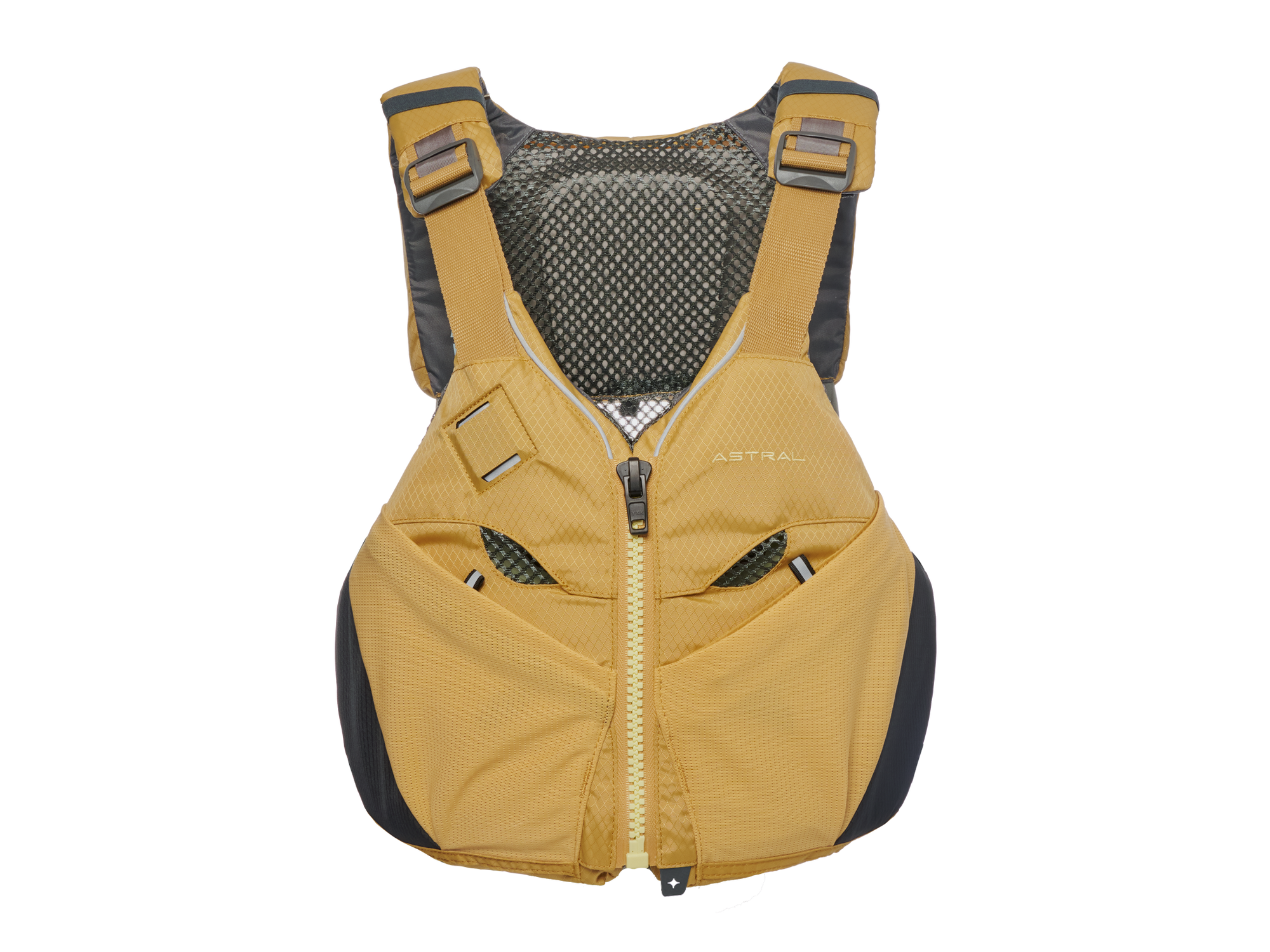 Personal flotation device with front zip, shoulder straps, and mesh back panel
