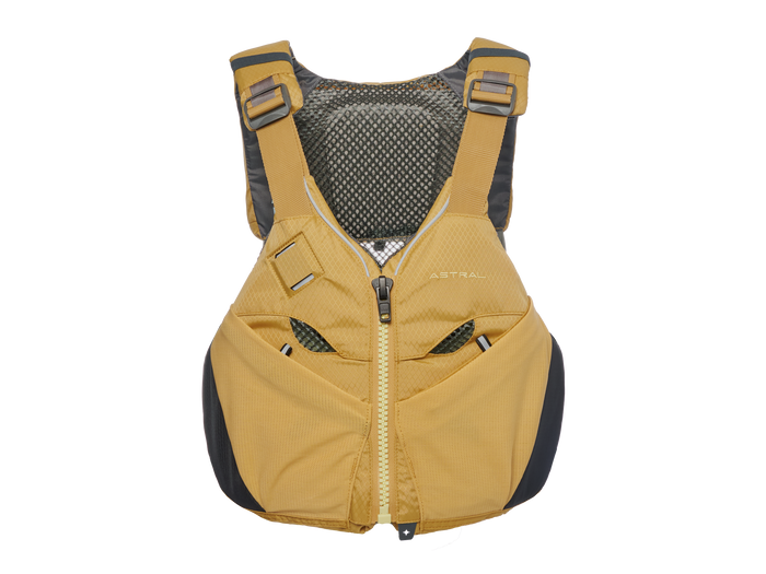 Personal flotation device with front zip, shoulder straps, and mesh back panel