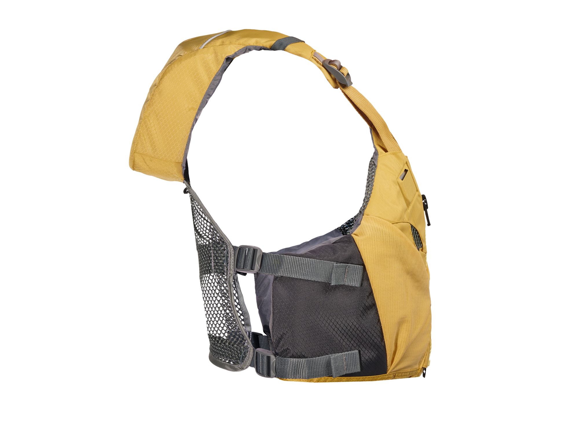 Yellow personal flotation device with gray mesh panels and adjustable straps, side view