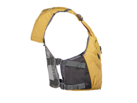 Yellow personal flotation device with gray mesh panels and adjustable straps, side view