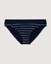 Navy blue bikini bottom with white horizontal stripes, flat lay view
