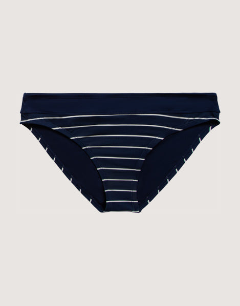 Navy blue bikini bottom with white horizontal stripes, flat lay view